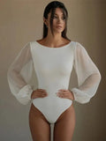 Sexy Bodysuit For Women Black White Bodycon Mesh Long Sleeve One Pieces Solid Round Neck Bodysuits Jumpsuit Tops Body Suit Y2K - Lady T Fashions