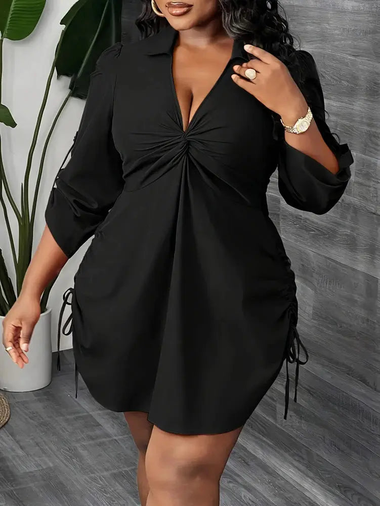 Plus Size Women's Elegant Long Sleeve Shirt Dress for Work, Party and Dating Twisted Front Waist Drawstring, Spring and Autumn - Lady T Fashions
