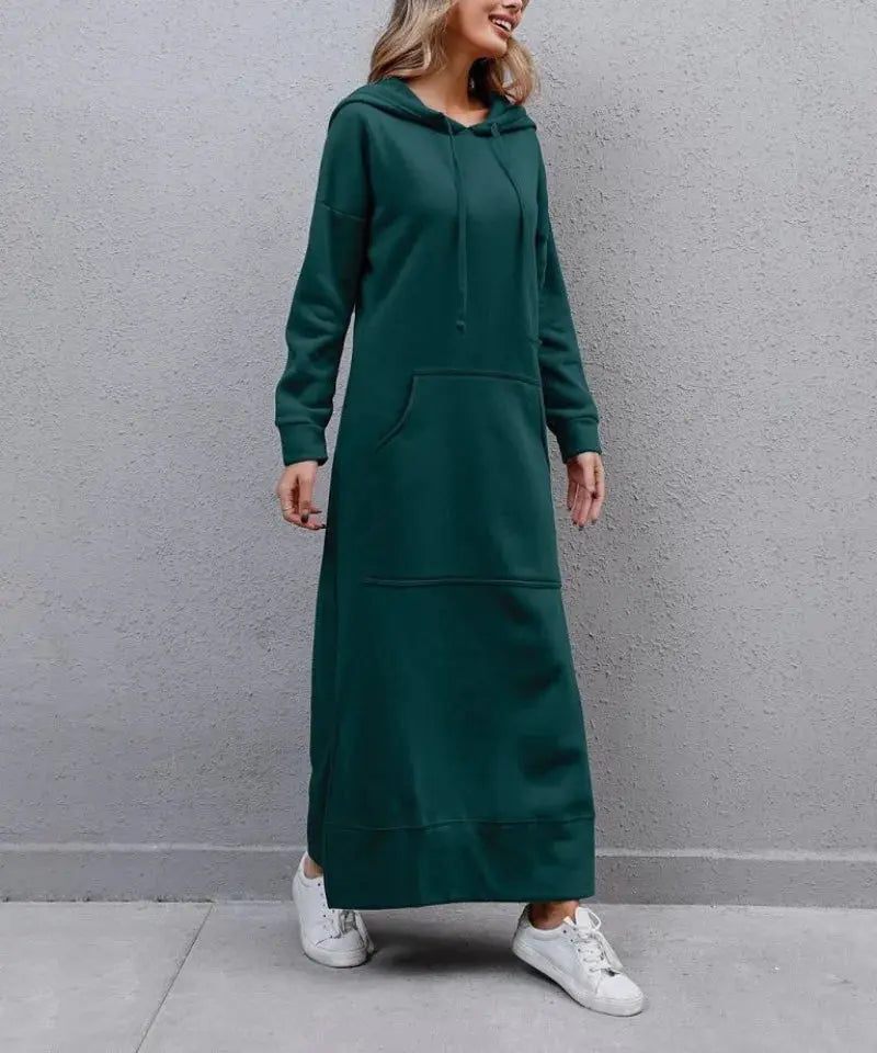 Hoodies Dress for Women Fashion  2024 Hem Lace-up Midi Robe Hooded Long Vestidos Winter Warm Casual Loose Sweatshirt Dress - Lady T Fashions