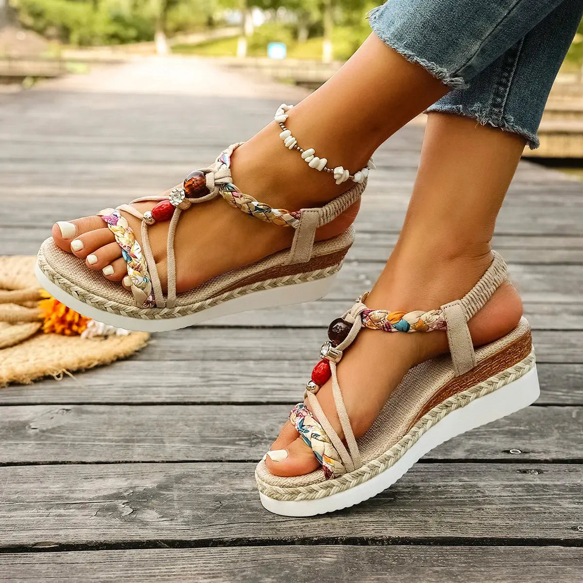 Women'S New Summer Sandals Classic Wedge Thick Sole Elevated Elastic Strap Open Toe Elegant Comfortable Sandals for Women Lady T Fashions