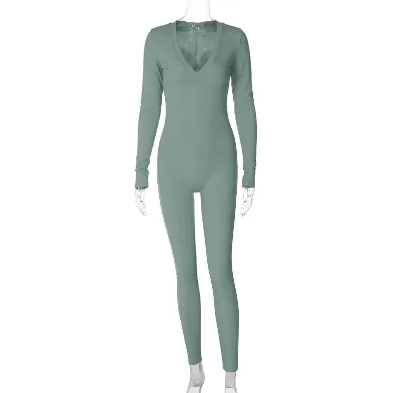 Fantoye Sexy Solid V-Neck Long Sleeve High Waist Skinny Female Jumpsuit Patchwork Fashion Casual Thin Women Jumpsuit New - Lady T Fashions
