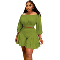 CM.YAYA Plus Size Women's Set Long Sleeve Slash Neck T-Shirt and Shorts 2025 Summer Ruched Two 2 Piece Set Outfits Tracksuit - Lady T Fashions