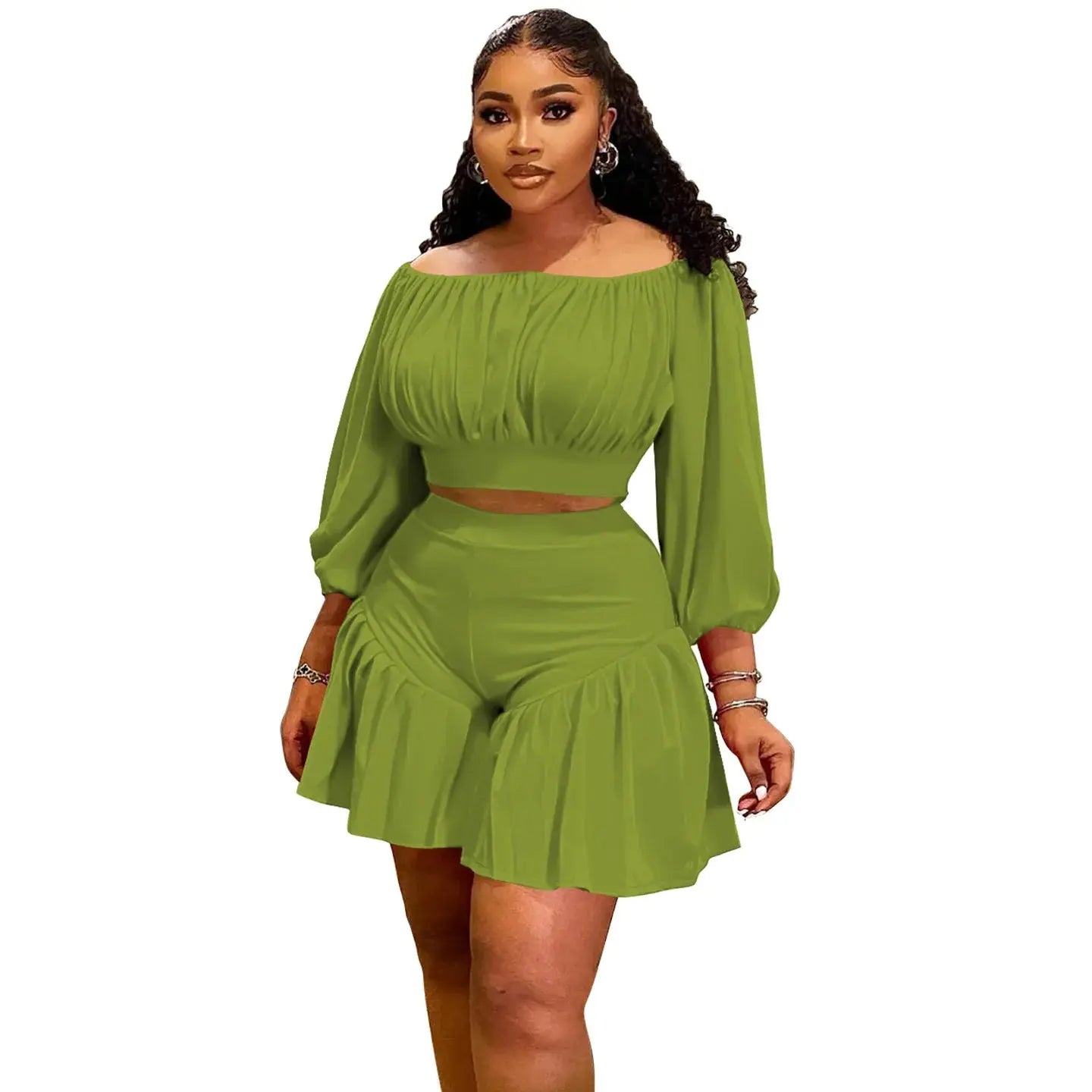 CM.YAYA Plus Size Women's Set Long Sleeve Slash Neck T-Shirt and Shorts 2025 Summer Ruched Two 2 Piece Set Outfits Tracksuit - Lady T Fashions