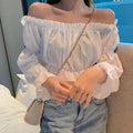 Women Top Sexy Blouse Off Shoulder Top Long Sleeve Solid Color White Shirt Puff Sleeve Ruffle Tunic Crop Top Summer Tube Top - Lady T Fashions