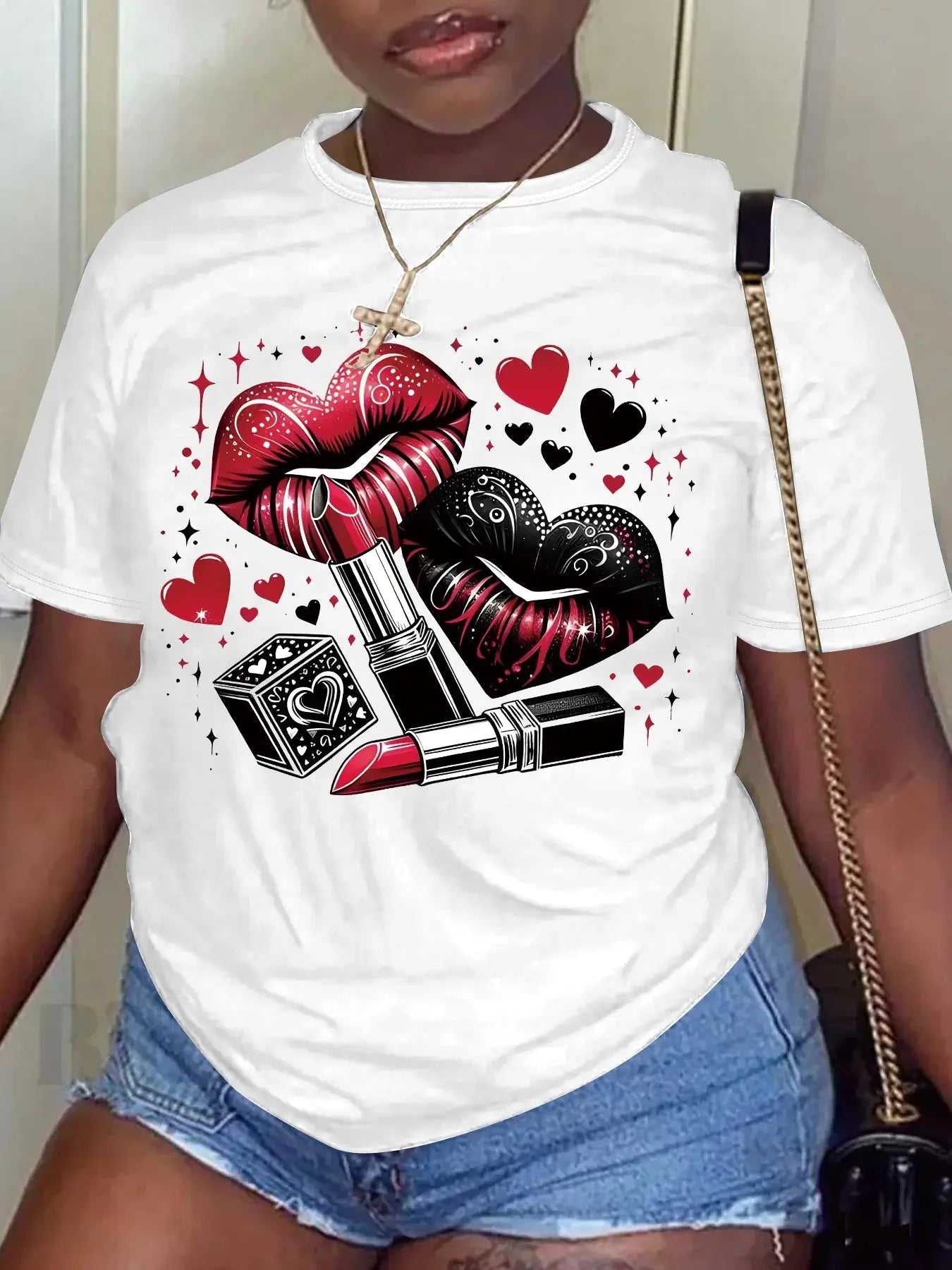 Women Plus Size Clothing Summer Round Neck Short Sleeve Printed Love Lips Lipstick Fashion Plus Size T-Shirts Y2k Top - Lady T Fashions