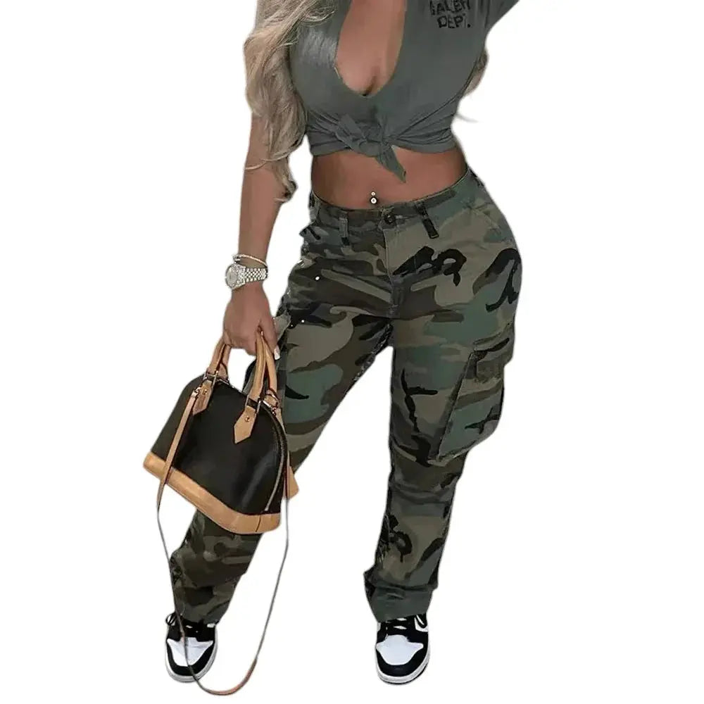Women Vintage Pants High Waist Casual Y2K  Trousers Cargo Long Pant Female Camo Pants - Lady T Fashions