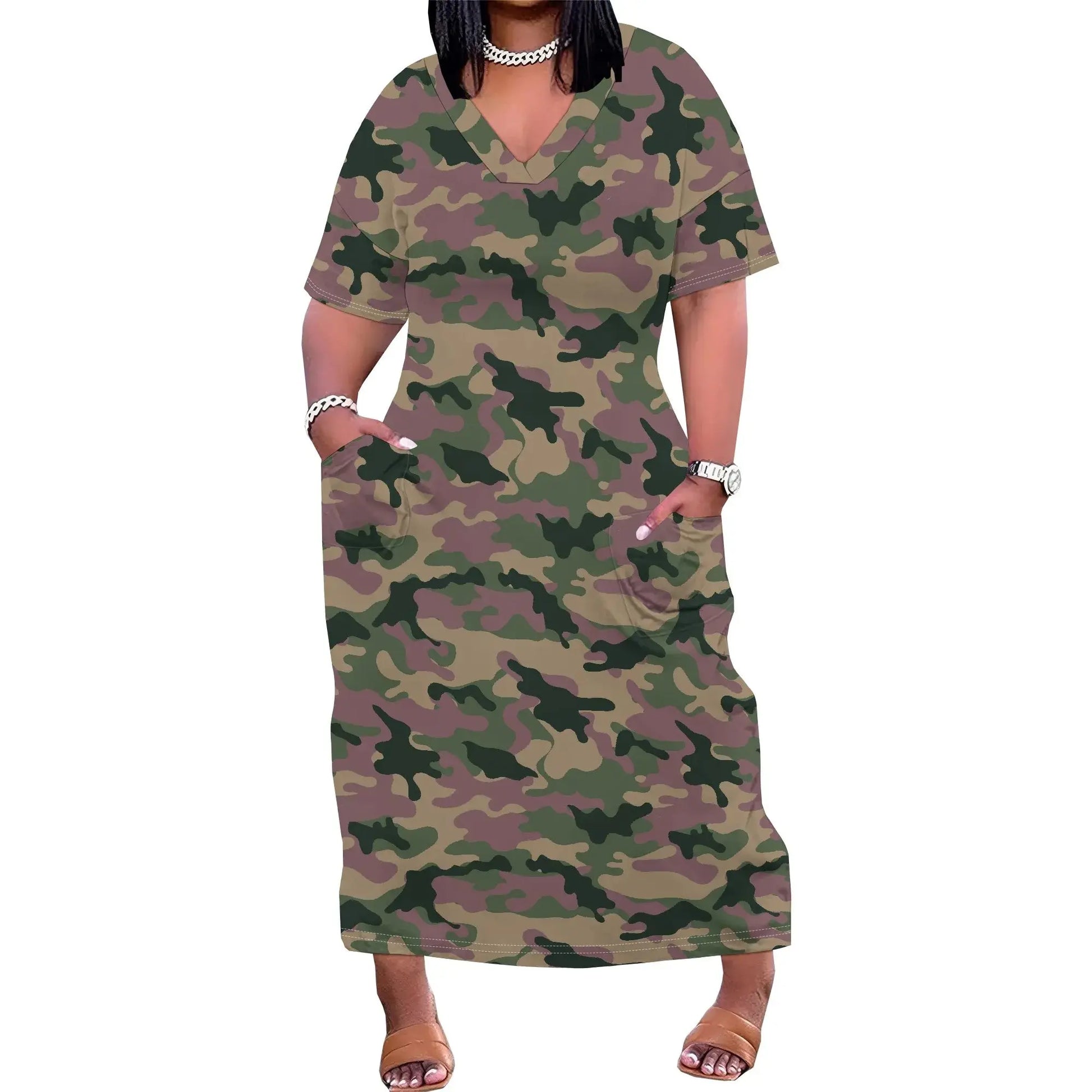 V-Neck Camo Print Women's Loose Maxi Dress 2025 New Arrival Summer Casual Dress XL-6XL - Lady T Fashions