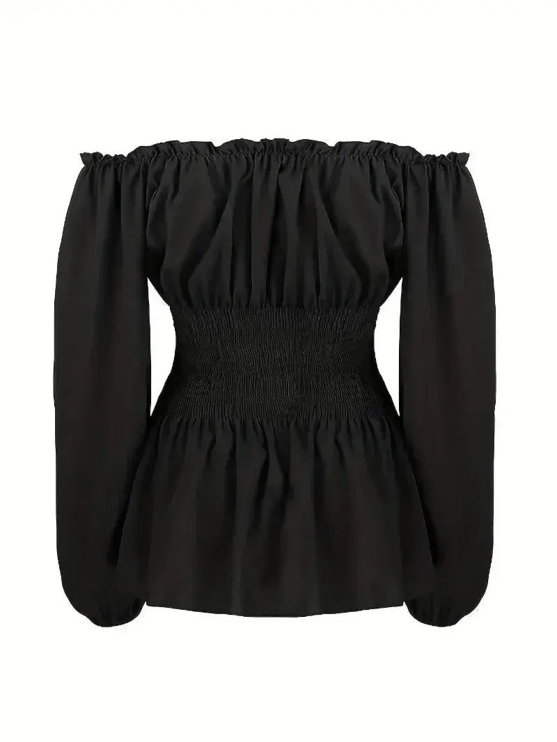Women's Summer Plus Size 1XL-5XL Outfits Versatile Solid Color Long Sleeve Blouse Fashion Off Shoulder Lace Up Corset Shirt - Lady T Fashions