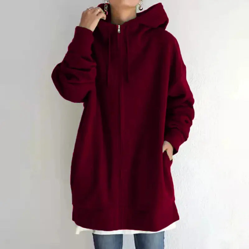 Women's Oversized Hoodie Autumn Winter Casual Zip Solid Long Hooded Coats 2025 Fashion Street Hoodies Coat Female - Lady T Fashions