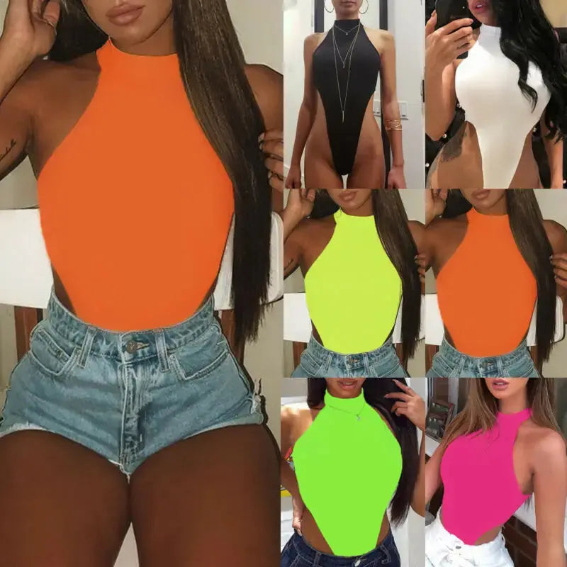 Female Solid Sleeveless Bodysuits Sexy Women Halter Bodysuits High Cut Bodycon Leotard Tops Summer Fashion Bottomed Tops - Lady T Fashions