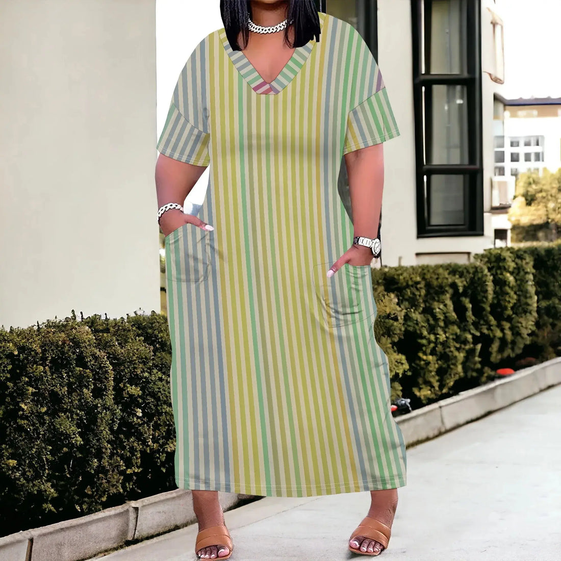 Striped Women's Maxi Dress XL-6XL, V-Neck Casual Summer Dress with Pockets, Green & Beige Vertical Stripes - Lady T Fashions