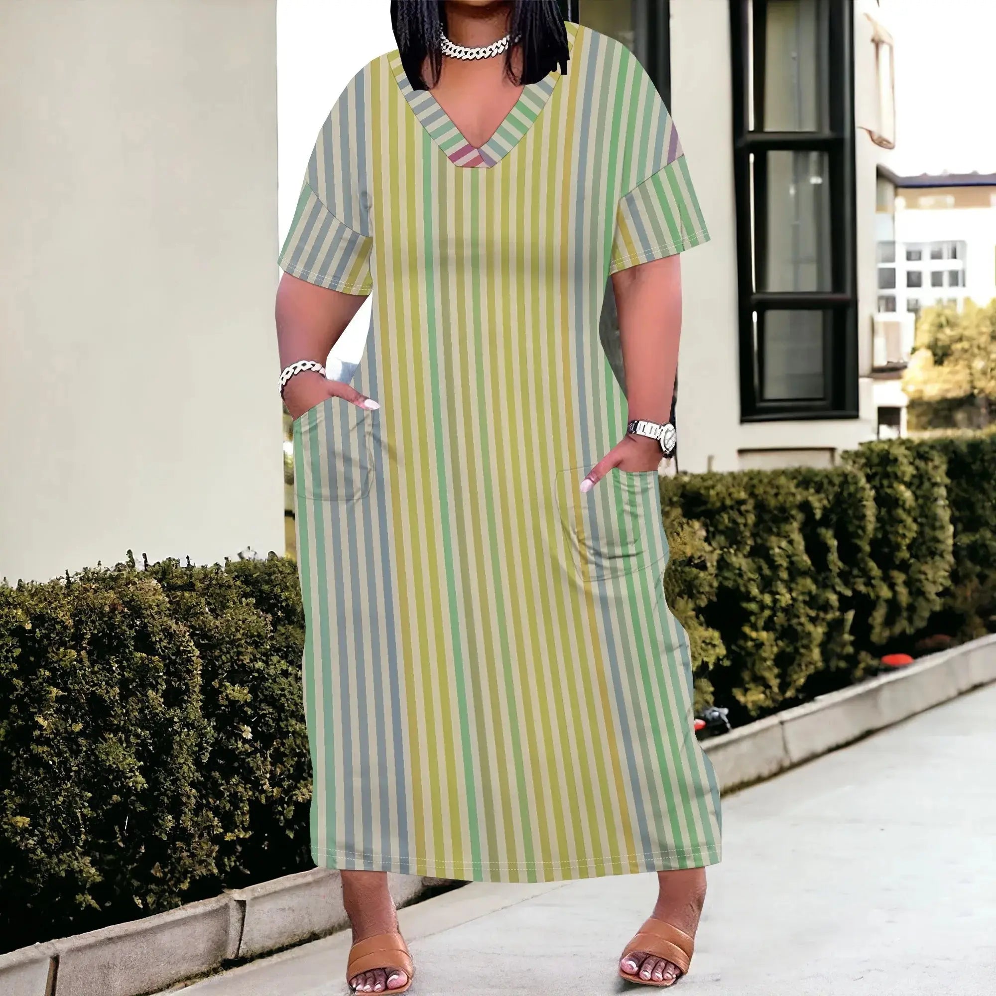 Striped Women's Maxi Dress XL-6XL, V-Neck Casual Summer Dress with Pockets, Green & Beige Vertical Stripes - Lady T Fashions
