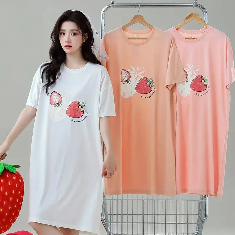 Nightgown Women Pull Racks Cotton Short Sleeves Nightdresses Ladies Home Round Neck Flowers Cartoon Letters Pink Long Skirts - Lady T Fashions
