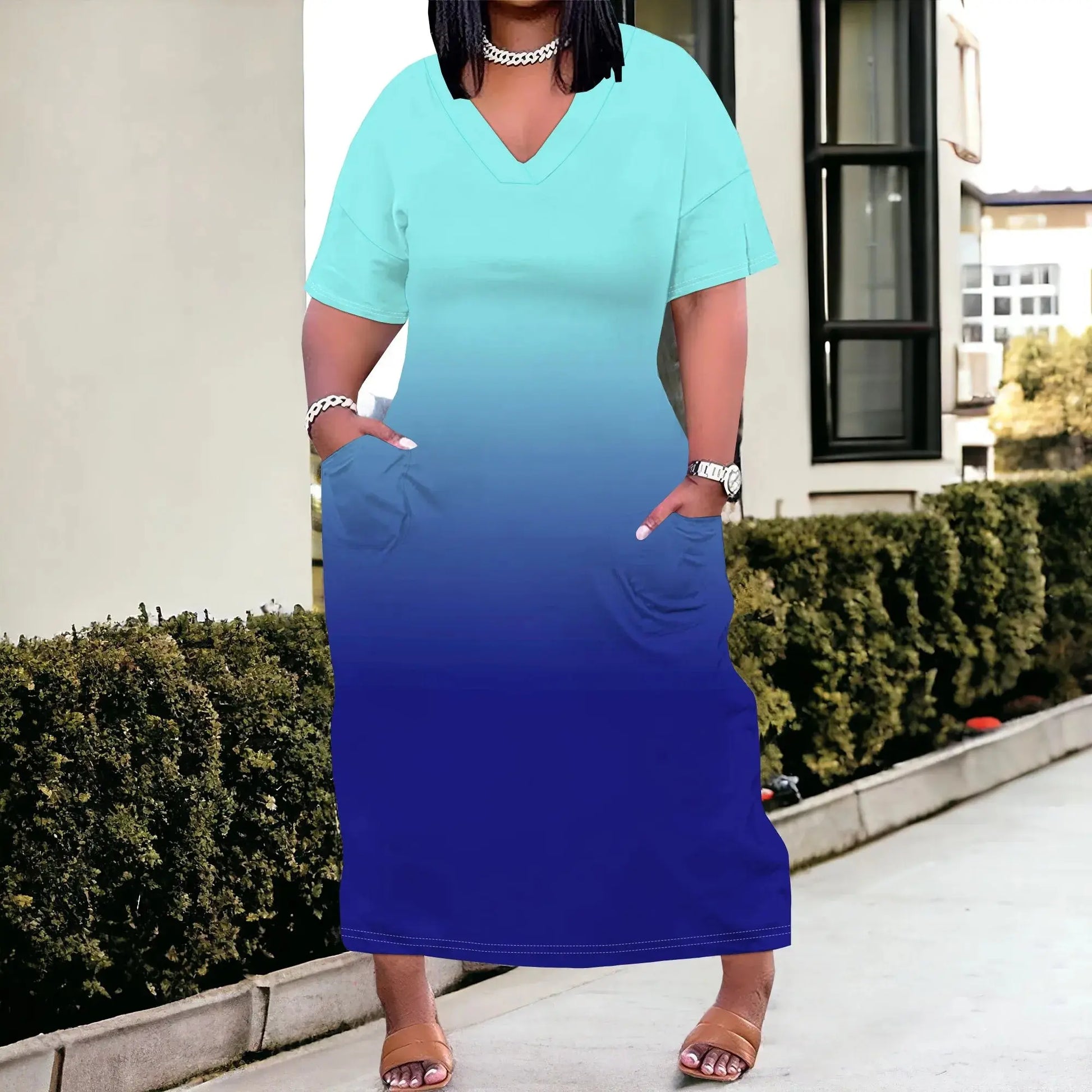 Women Casual T-Shirt Dress V Neck Short Sleeve with Front Two Pockets Solid Color Oversize Dresses - Lady T Fashions