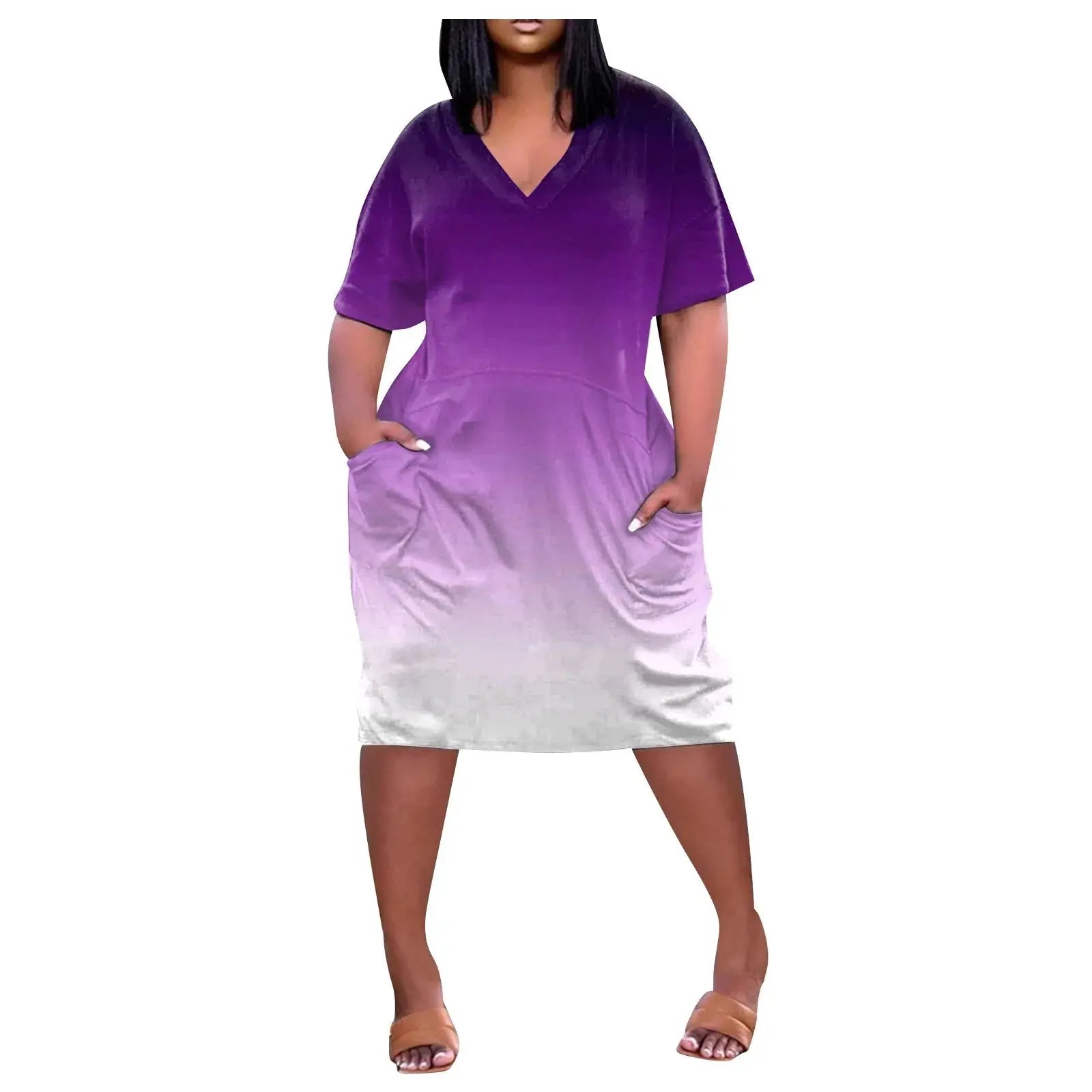 y2k 2025 Summer V Neck Short Sleeve Dress Knee Pocket Casual Daily Dress Harajuku Style Women's Clothing  Plus Size L-5XL - Lady T Fashions