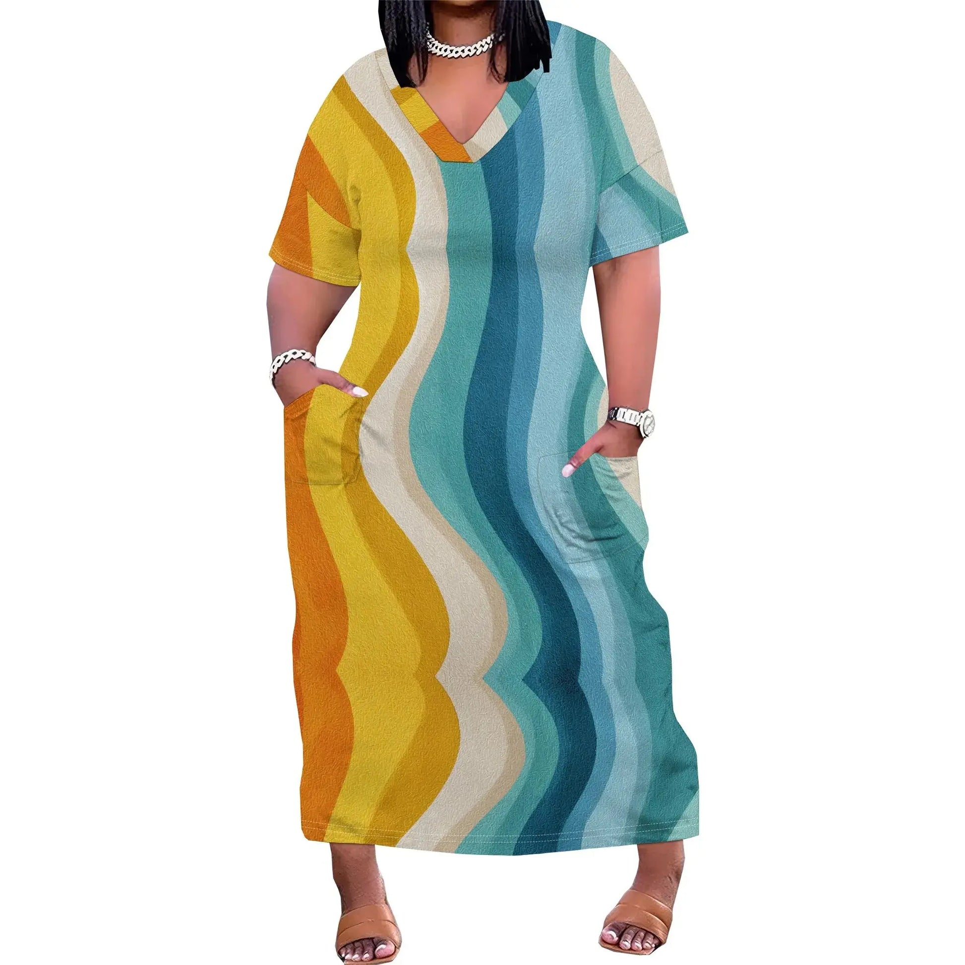 Women's Sunset Stripe Pocket Maxi Dress XL-6XL Loose Fit V-Neck T-Shirt Style for Juneteenth or Pride Streetwear Look - Lady T Fashions