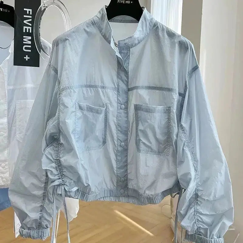 Women's Jacket Top Spring Autumn Thin Sun Protection Loose Baseball Coat Stand Collar Design Trench Coat Top New Windbreaker - Lady T Fashions