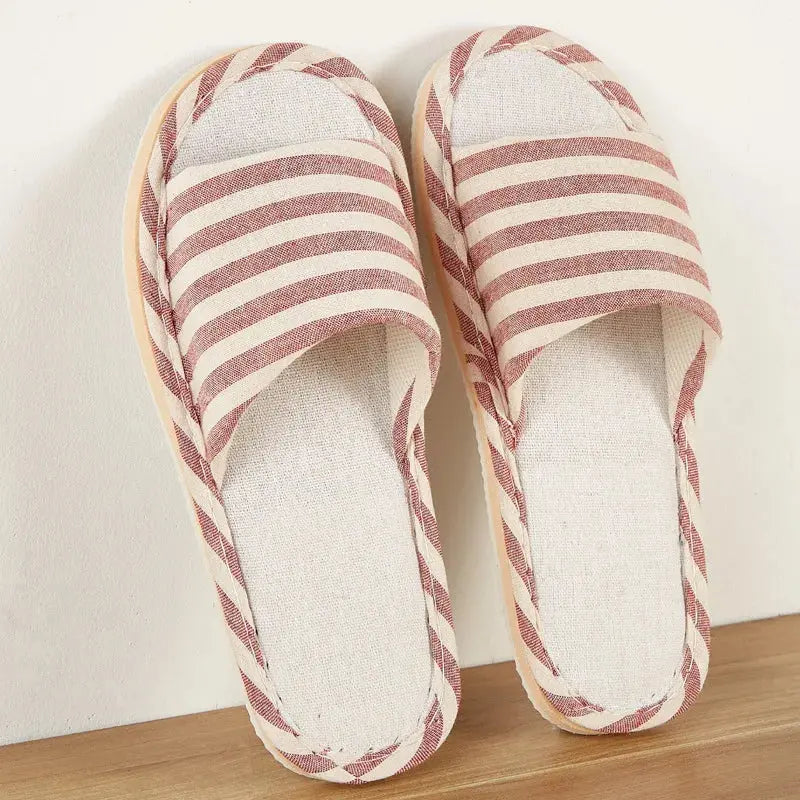 House Linen Slippers Women Floral Autumn Cute Home Indoor Non Slip Funny Sandals Cartoon Kawaii Cat Shoes Flat Flax Striped Lady T Fashions