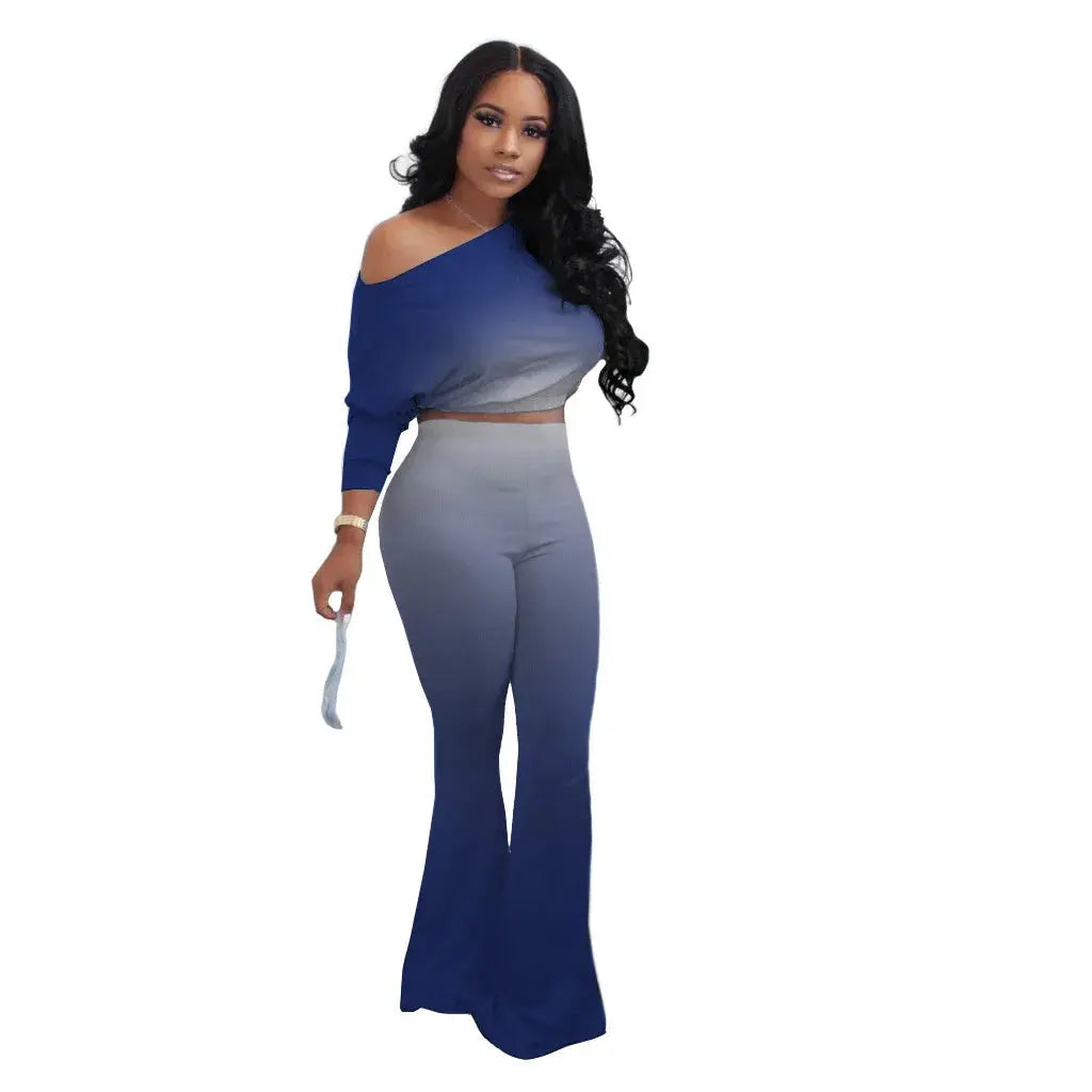 Women's long pants set gradient color solid color sloping shoulder top slim fit flared pants home wear two-piece set plus size - Lady T Fashions
