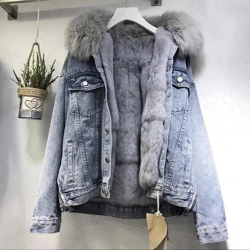 Winter Women Warm Basic Coat Big Fur Collar Denim Jacket Female Cold Motorcycle Jackets Outerwear Fleece Thick Casual Overcoat - Lady T Fashions