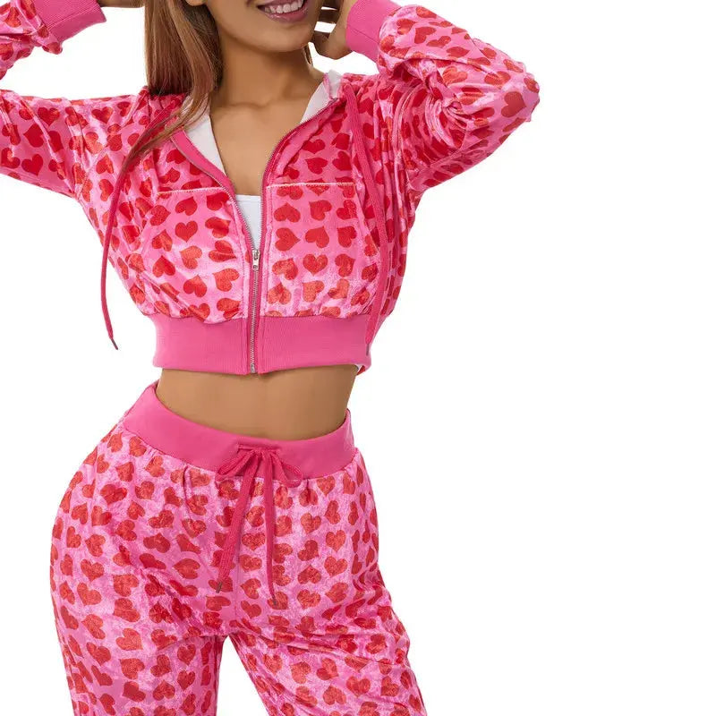 Women's Pants Suits Female Short Coat Heart Print Long Sleeve Tops with Zipper and Pockets Women's Clothes for Spring Fall 2024 Lady T Fashions