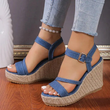 2025 Summer NewPlus-size Wedge Sandal Lady Cowboy Simple Commuting Muffin Bottom Summer Slope with Sandals Women High Heels - Lady T Fashions