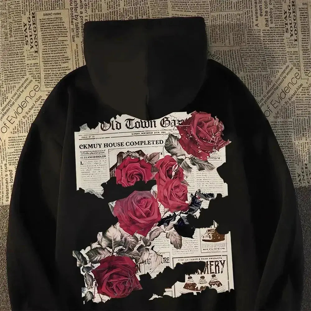 Hoodie Men Graphic Vivid Rose Print Cotton Hoodies American Retro Personality Streetwear Casual Hooded Sweatshirt Men's Clothing - Lady T Fashions