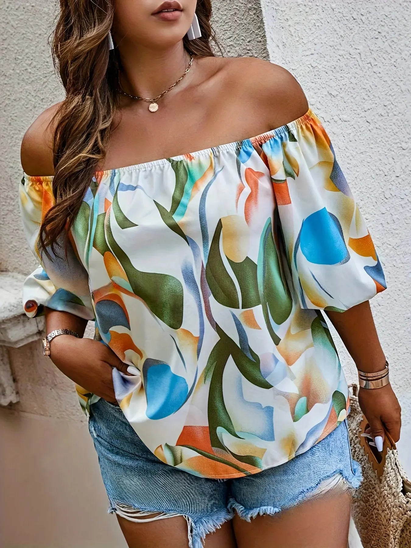 Plus Size Summer Women Elegant Shirt Casual Fashion Off the Shoulder Print Tops Vacation Loose Female Clothing - Lady T Fashions