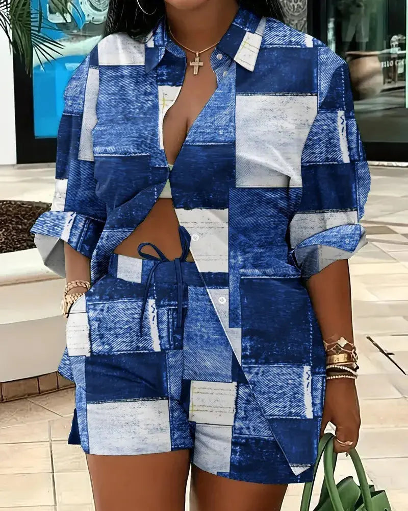 Clothes for Women Fashion Women Long Sleeve Printing Two Piece Sets Womens Outifits Top Short Matching Sets S-3XL Women Clothing - Lady T Fashions