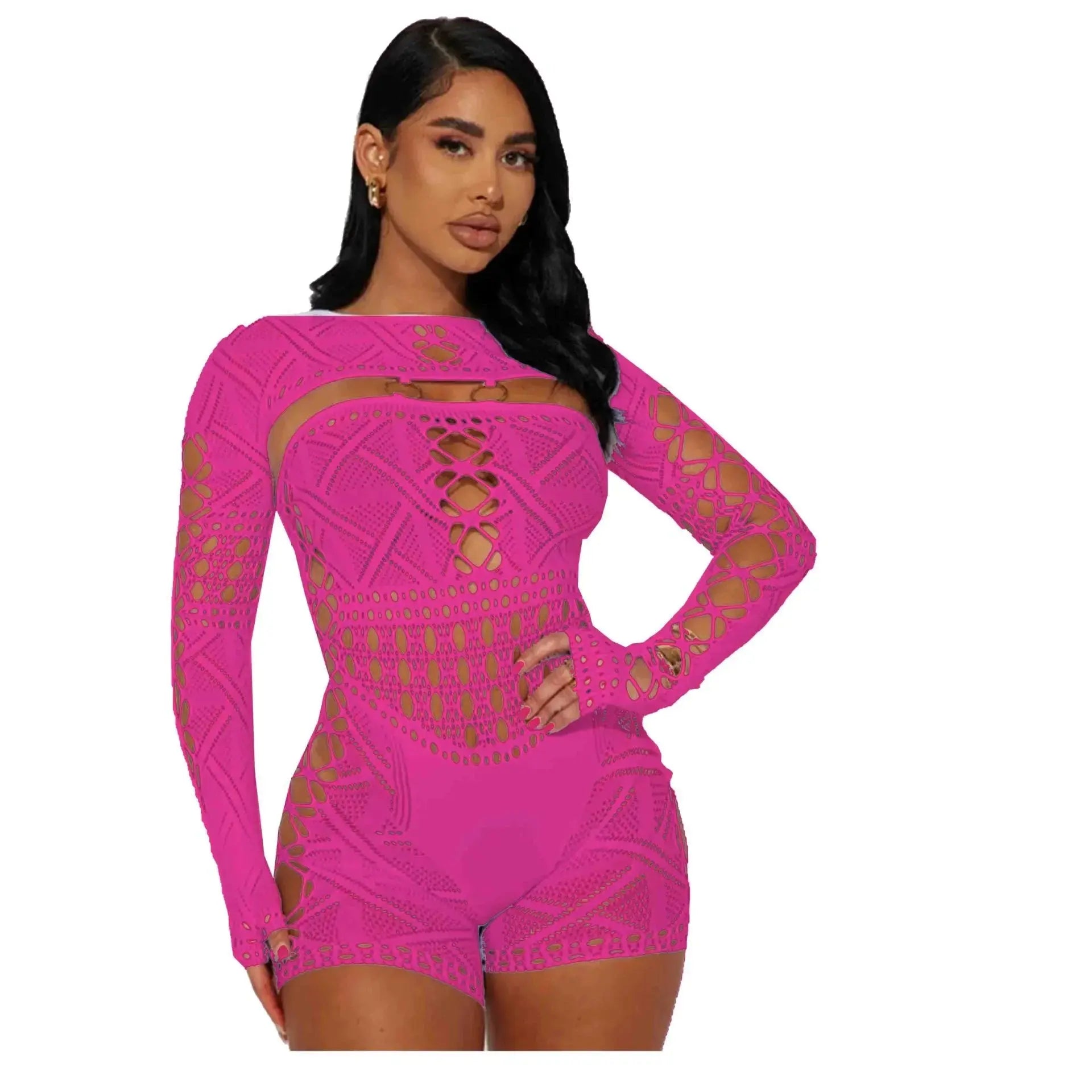 Women's Sexy Long Sleeve Jumpsuit See Through Outfit Sheer Mesh Hollow Out Night Club Short Romper - Lady T Fashions