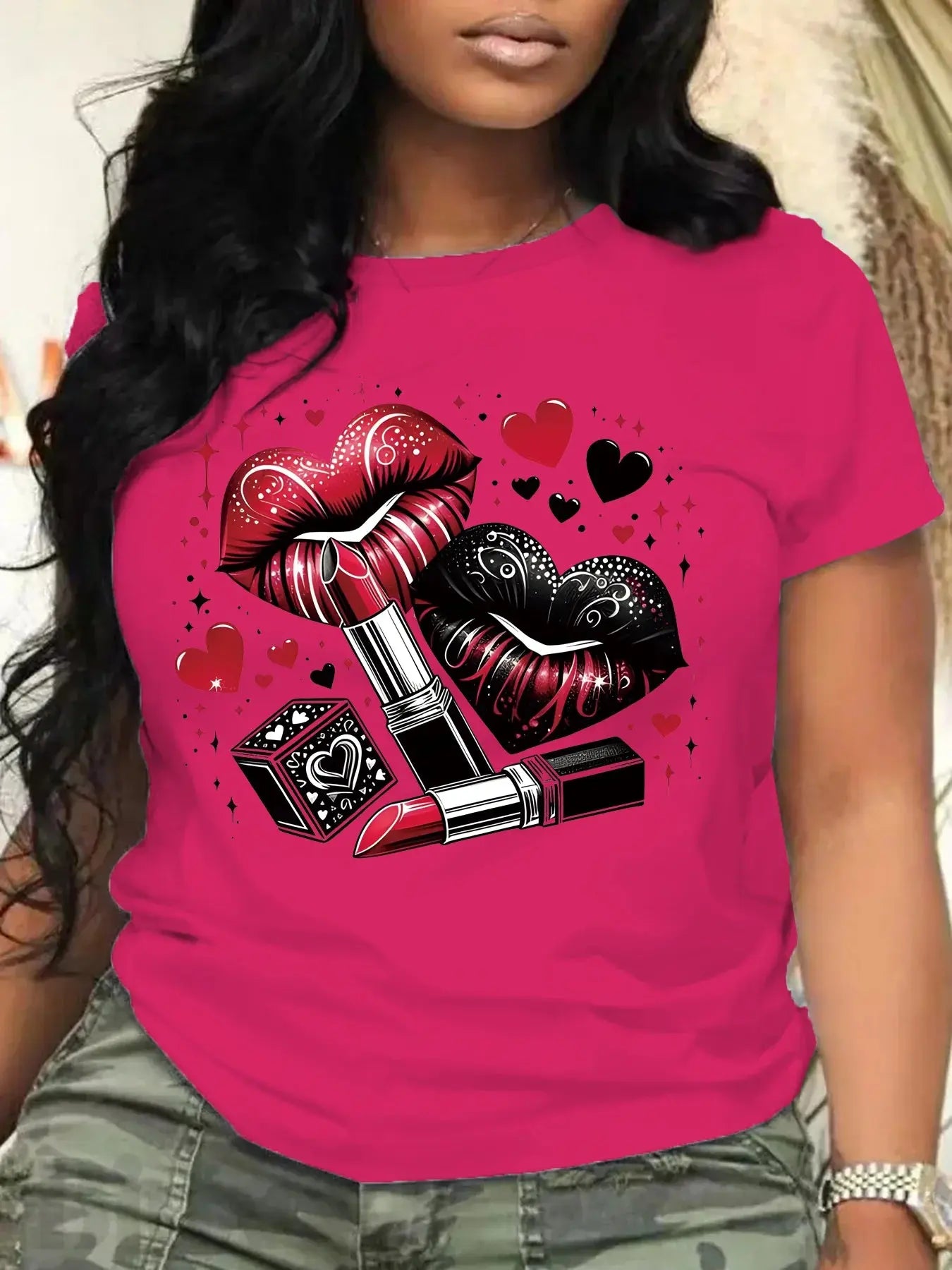 Women Plus Size Clothing Summer Round Neck Short Sleeve Printed Love Lips Lipstick Fashion Plus Size T-Shirts Y2k Top - Lady T Fashions