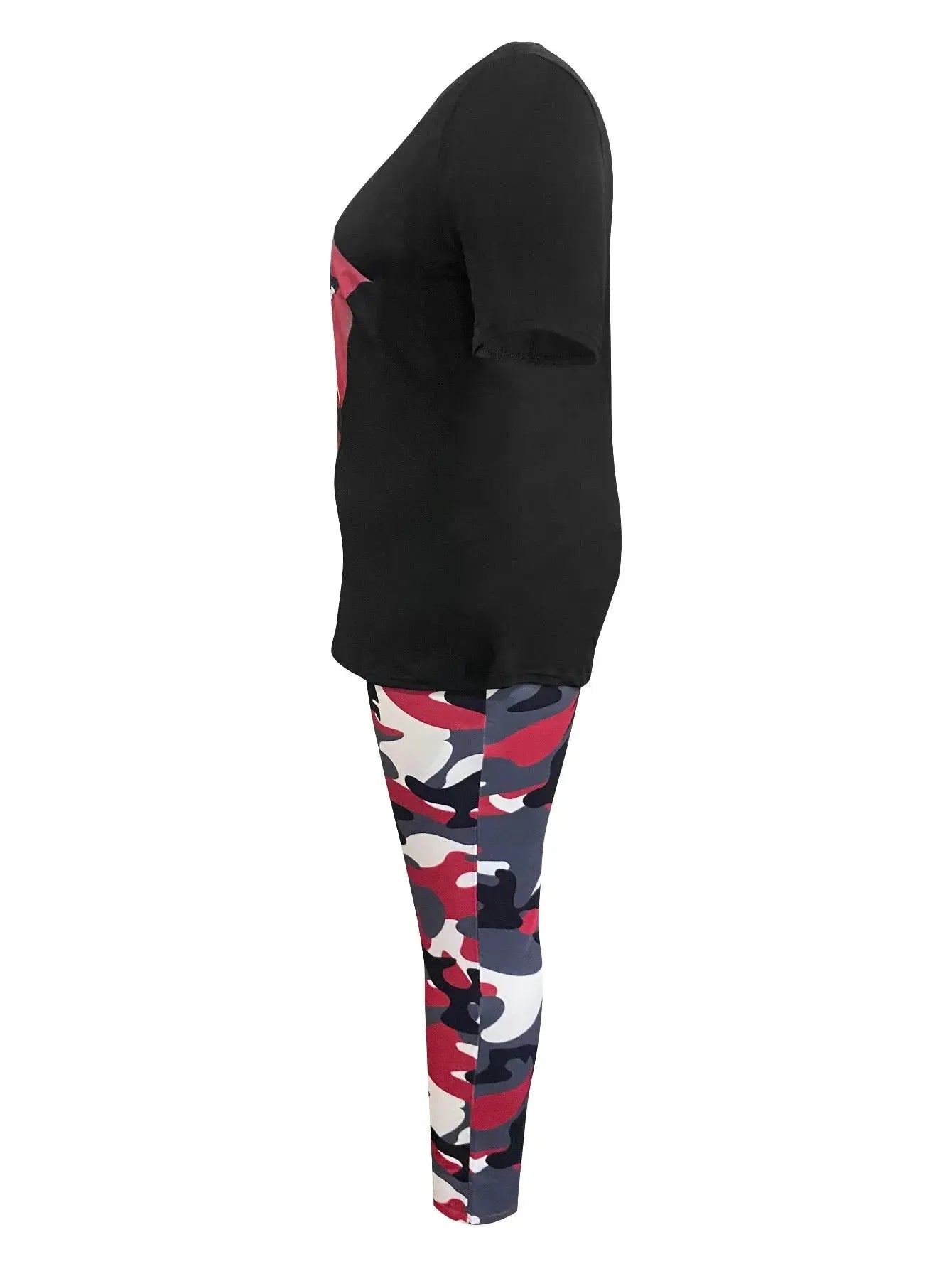 LW Plus Size Two pieces sets casual women's clothing  short sleeve Camo Lip Print Round neck T-shirt + skinny Pants Set - Lady T Fashions