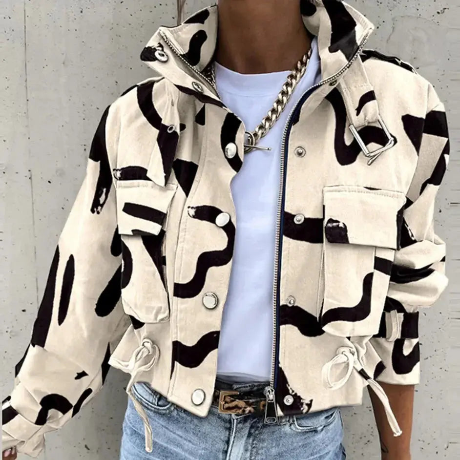 Jackets Women Coats Stand Collar Coat Zipper Print Y2k Tops Streetwear Casual Outerwear Single Breasted Spring Work Jacket - Lady T Fashions