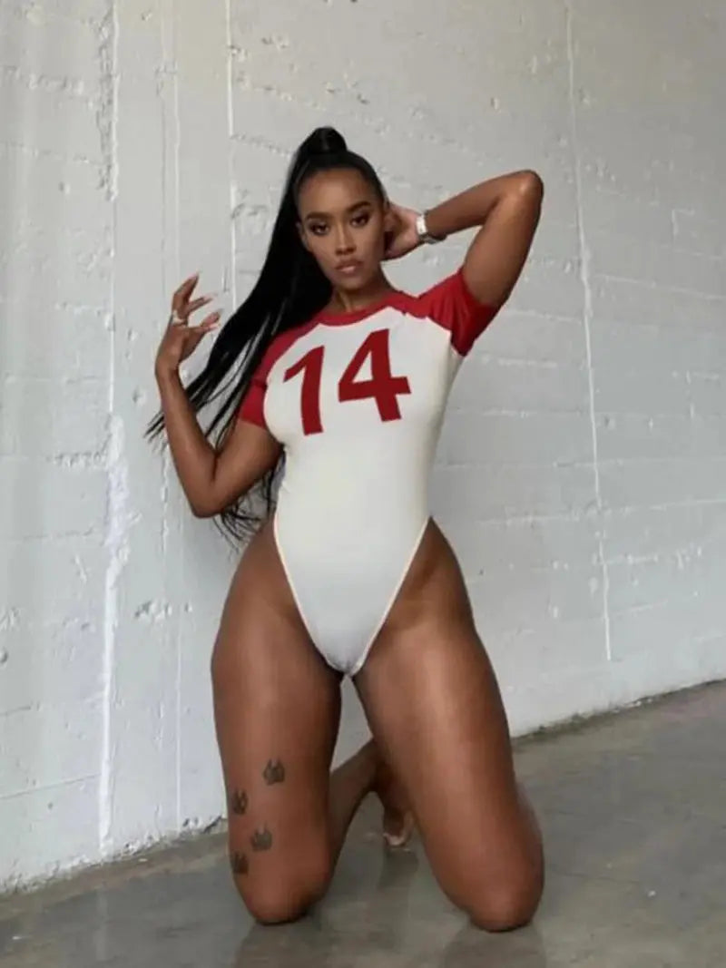 STYLISH LADY Number 14 Printed Bodysuits 2025 Summer Women Short Sleeve O Neck Patchwork Contrast Color Sexy Club Street Rompers - Lady T Fashions