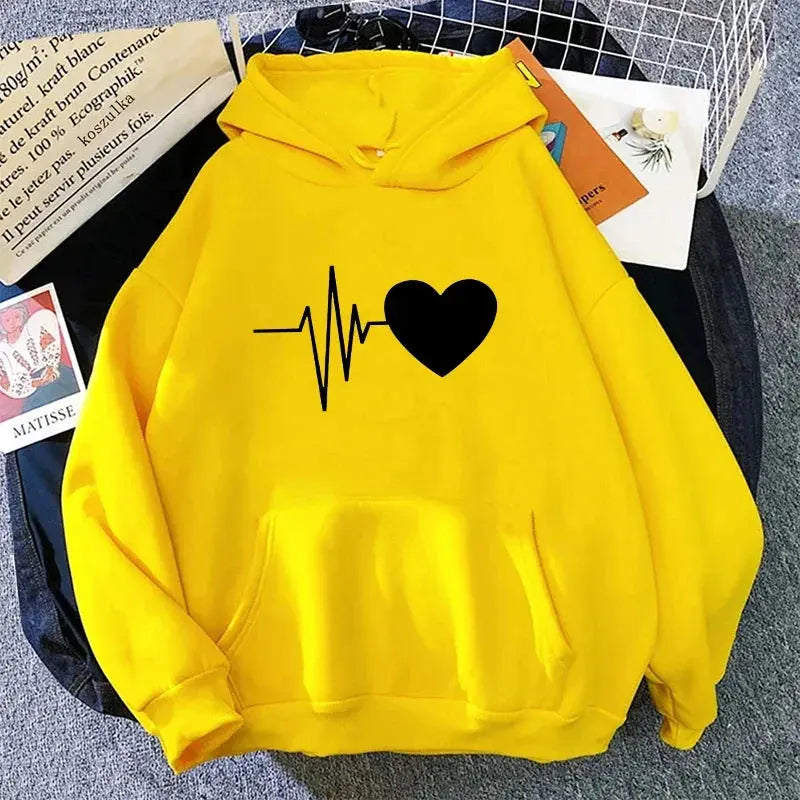 Woman Hooded Sweatshirt Casual Fashion Heart Print Hoodies Ladies Home Outdoor Comfort Warm Pullover Daily Sport Loose Hoody Top - Lady T Fashions
