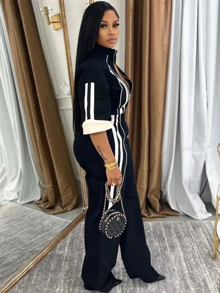 Women Jumpsuits For Spring 3/4 Sleeve Print Stripe Loose Fashion Streetwear Overalls Wide Leg Pants Trousers 2025 Summer - Lady T Fashions