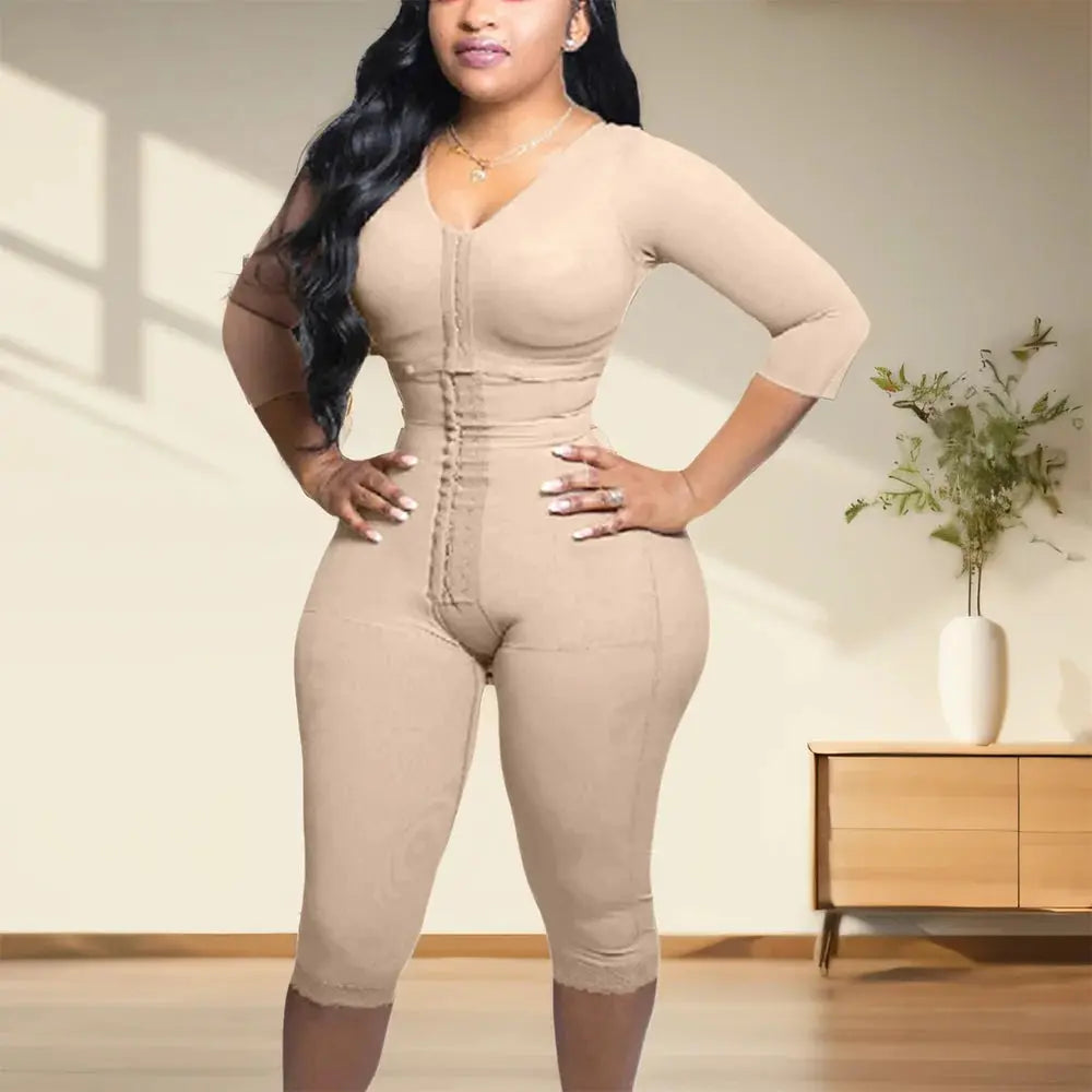 Full Body Shapewear With Sleeves Knee Length Shorts Butt Lift Up Tigh Slimming Front Hooks Waist Trainer Shapewear for Women - Lady T Fashions