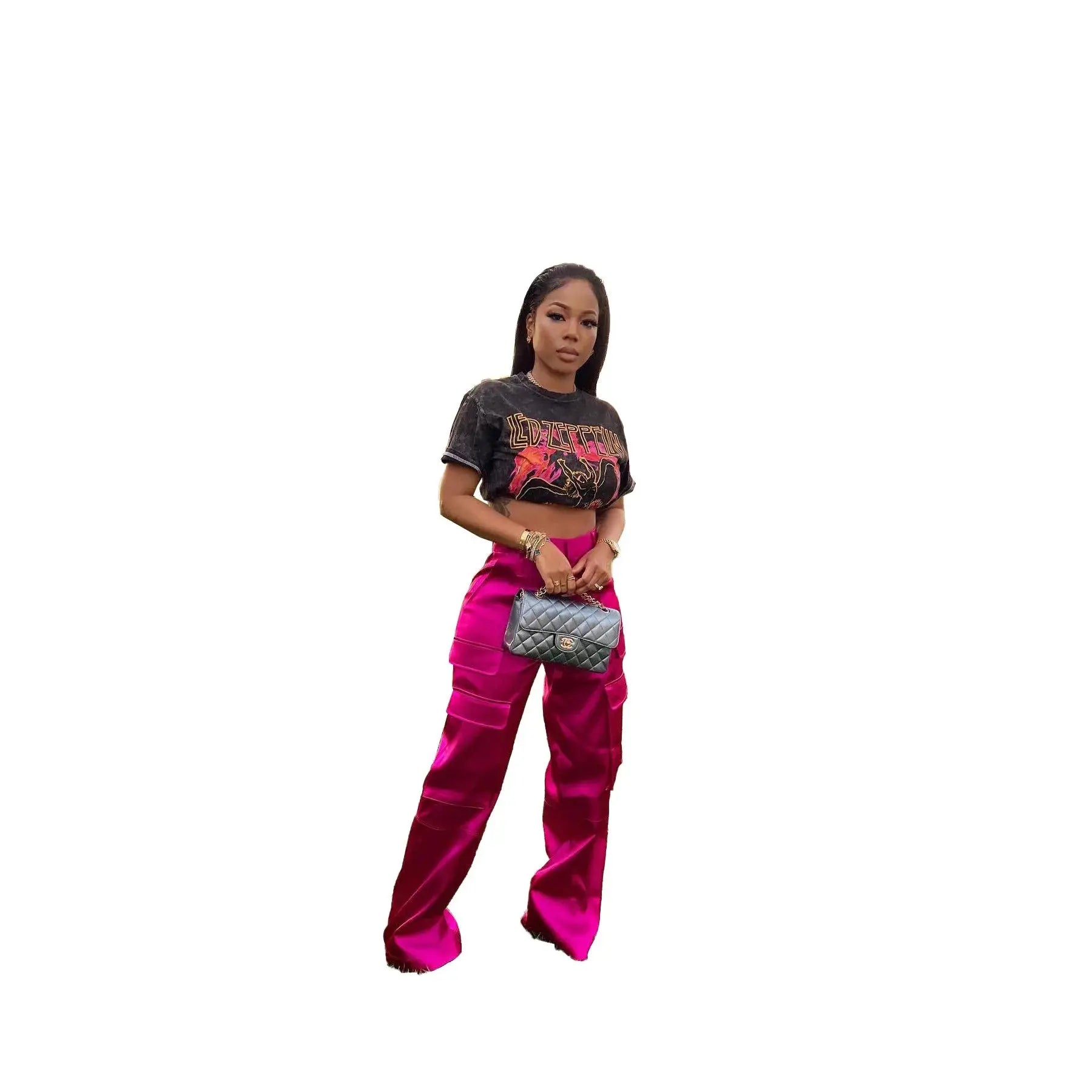 Women Pants  Spring Summer Casual Satin Stretch High Waist Cargo Pants With Pocket Streetwear Solid Wide Leg Pants Flare Trouser - Lady T Fashions