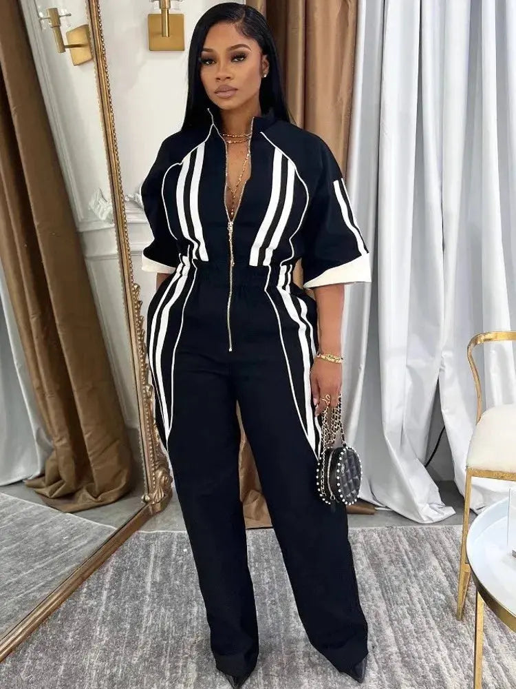 Women Jumpsuits For Spring 3/4 Sleeve Print Stripe Loose Fashion Streetwear Overalls Wide Leg Pants Trousers 2025 Summer - Lady T Fashions