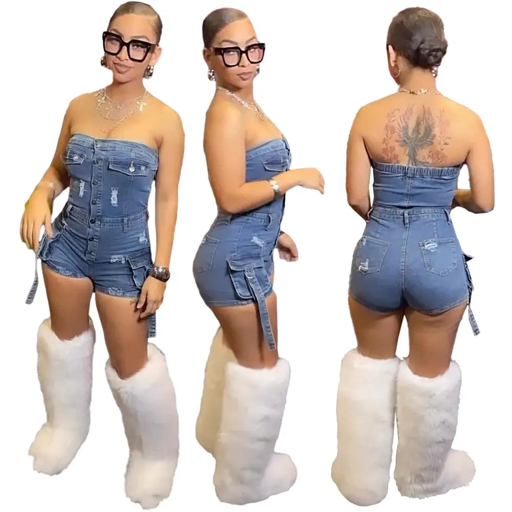 New Arrivals 2025 Summer Women Sexy Tube Top Blue Denim Romper Strapless Fashion Wholesale Demin Jeans Outfit Woman Jumpsuit - Lady T Fashions