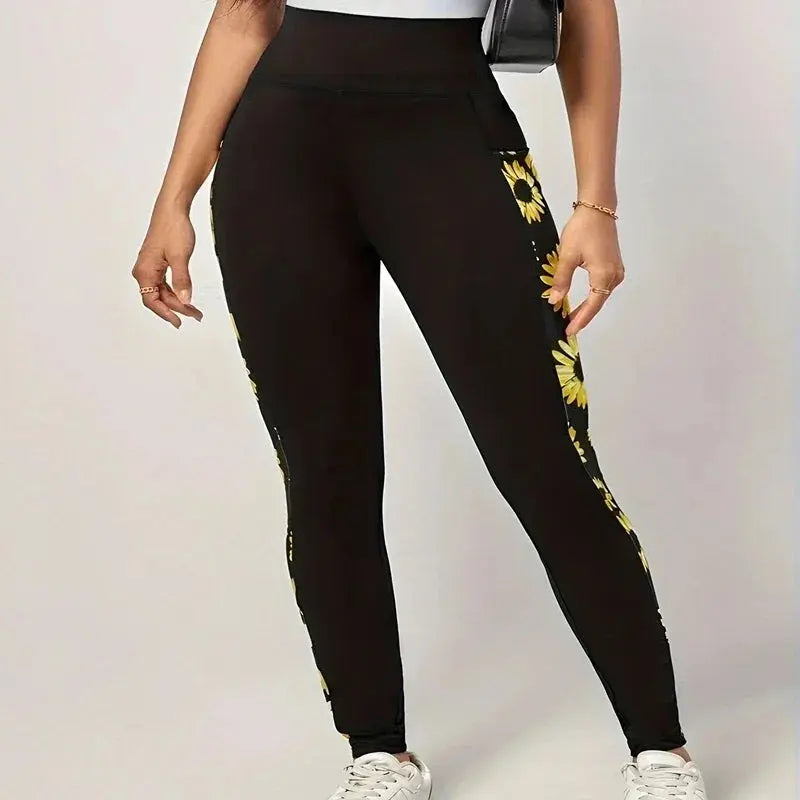 Plus Size 1XL-5XL Women Fashion Yoga Fitness Leggings High Waisted Casual Printed Flower Solid Color Leggings - Lady T Fashions