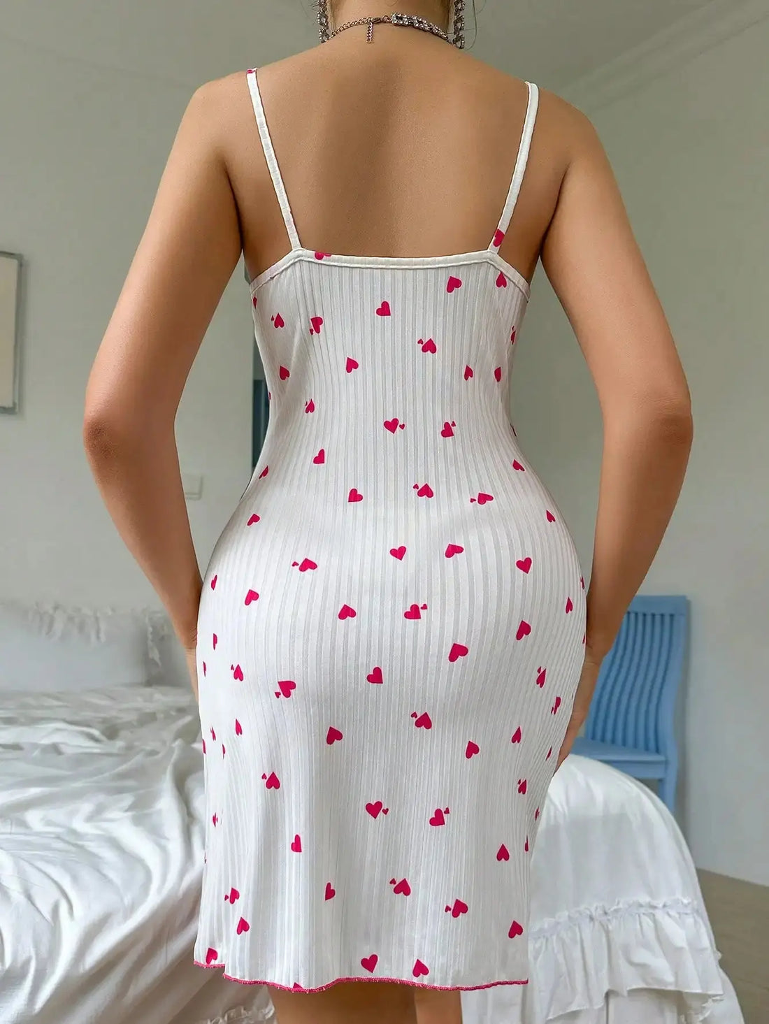 Sexy Women's Night Gown Lace Trim Camisole Bow & Heart Print Sleeveless Sleep Dress Elegant Night Wear for Ladies - Lady T Fashions