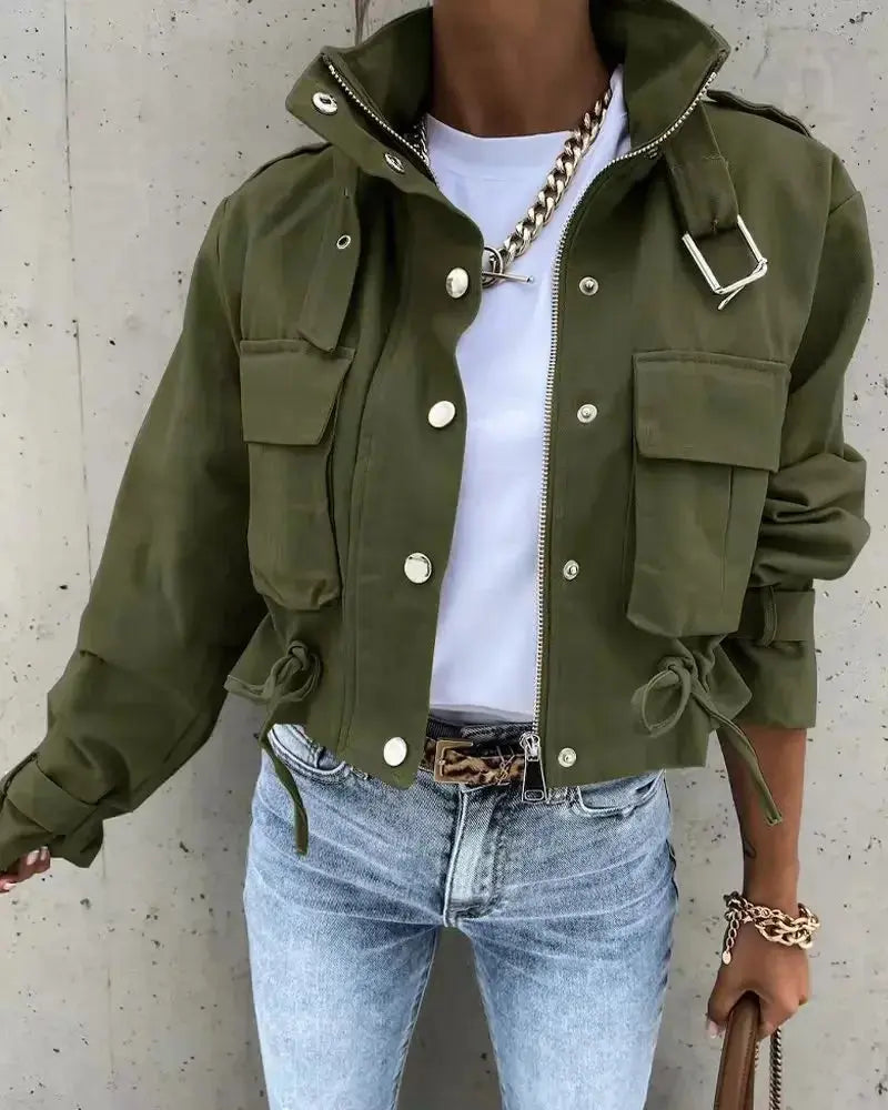 Jackets Women Coats Stand Collar Coat Zipper Print Y2k Tops Streetwear Casual Outerwear Single Breasted Spring Work Jacket - Lady T Fashions
