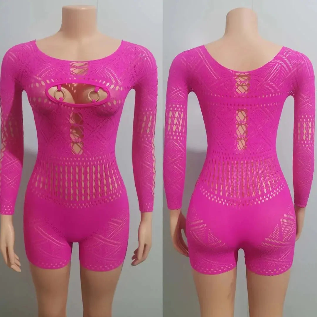 Women's Sexy Long Sleeve Jumpsuit See Through Outfit Sheer Mesh Hollow Out Night Club Short Romper - Lady T Fashions
