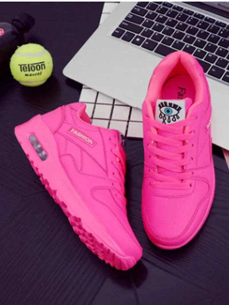Women Fashion Sneakers Air Cushion Sports Shoes Pu Leather Blue Shoes White Pink Outdoor Walking Jogging Shoes Female Trainers - Lady T Fashions