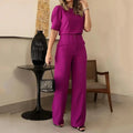 Women Pants Sets Short Sleeve O Neck Pullover Top Wide Leg Pants Loose Two Pieces Pockets Casual Basics Ankle Length Elegant - Lady T Fashions