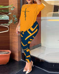Autumn Women's Clothing New Fashion Print Sexy Backless Round Neck Five Quarter Sleeve Pants Two-piece Casual Comfortable Set - Lady T Fashions