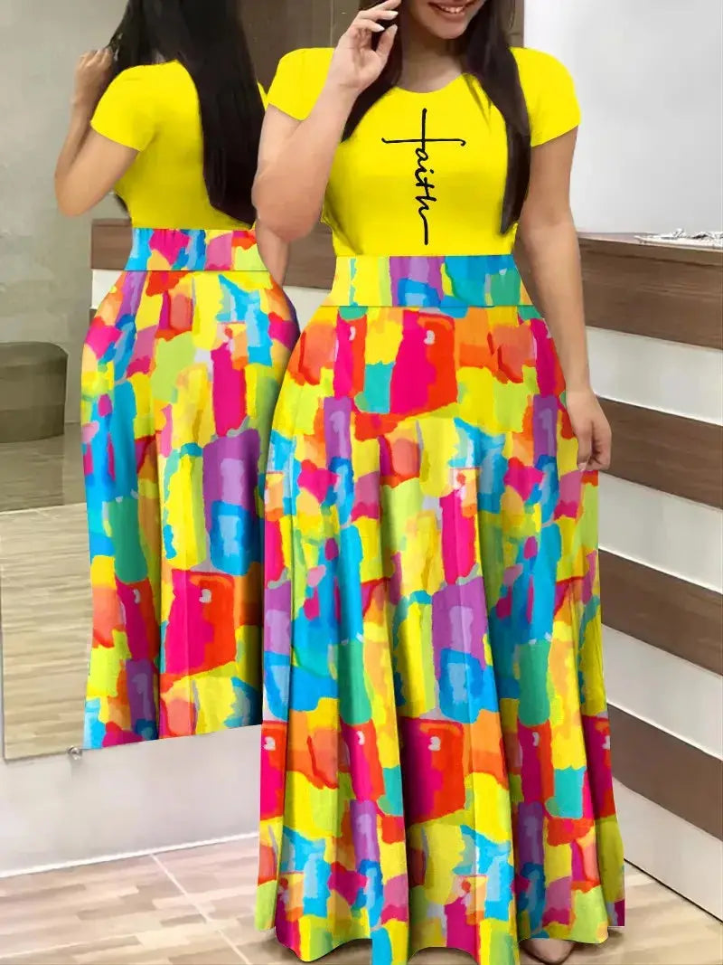 Plus Size European and American  women's cross-border summer new casual printed patchwork short sleeved dresses - Lady T Fashions