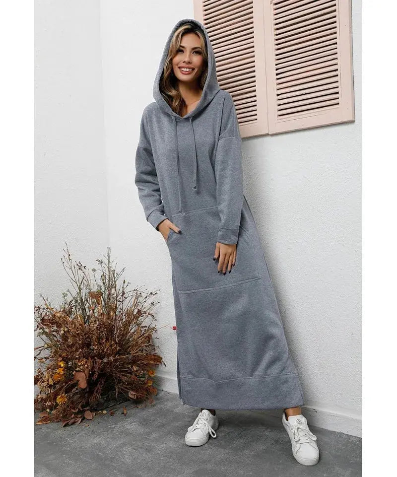 Hoodies Dress for Women Fashion  2024 Hem Lace-up Midi Robe Hooded Long Vestidos Winter Warm Casual Loose Sweatshirt Dress - Lady T Fashions