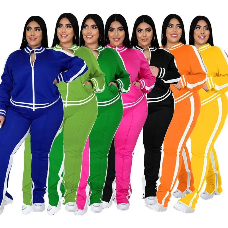 Plus Size L-5XL Two Piece Set Women Sweatsuit Zip Striped Top Slit Sweatpants Jogger Outfit Matching Set Wholesale Dropshipping - Lady T Fashions